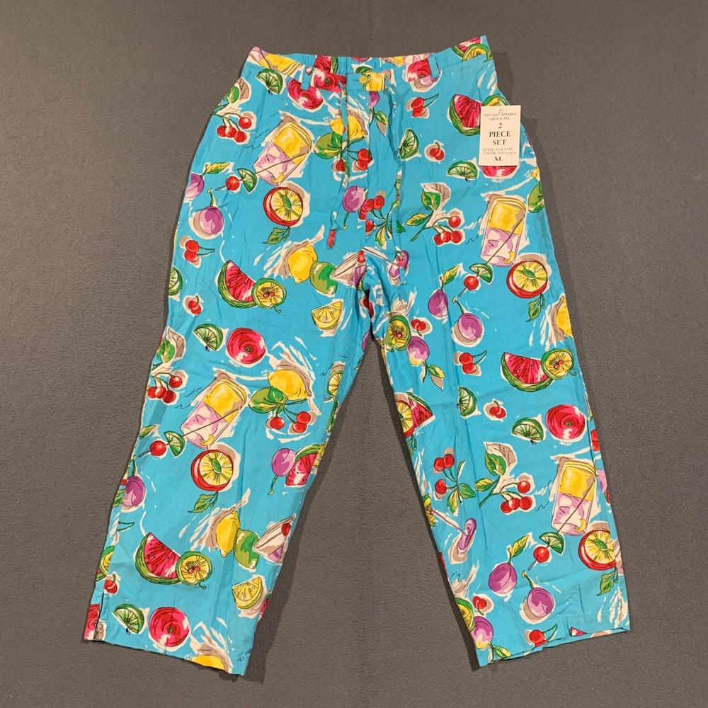 Mureli Fruit Cocktail Print Linen Blend Pants Womens XL Blue Vintage 90s Summer